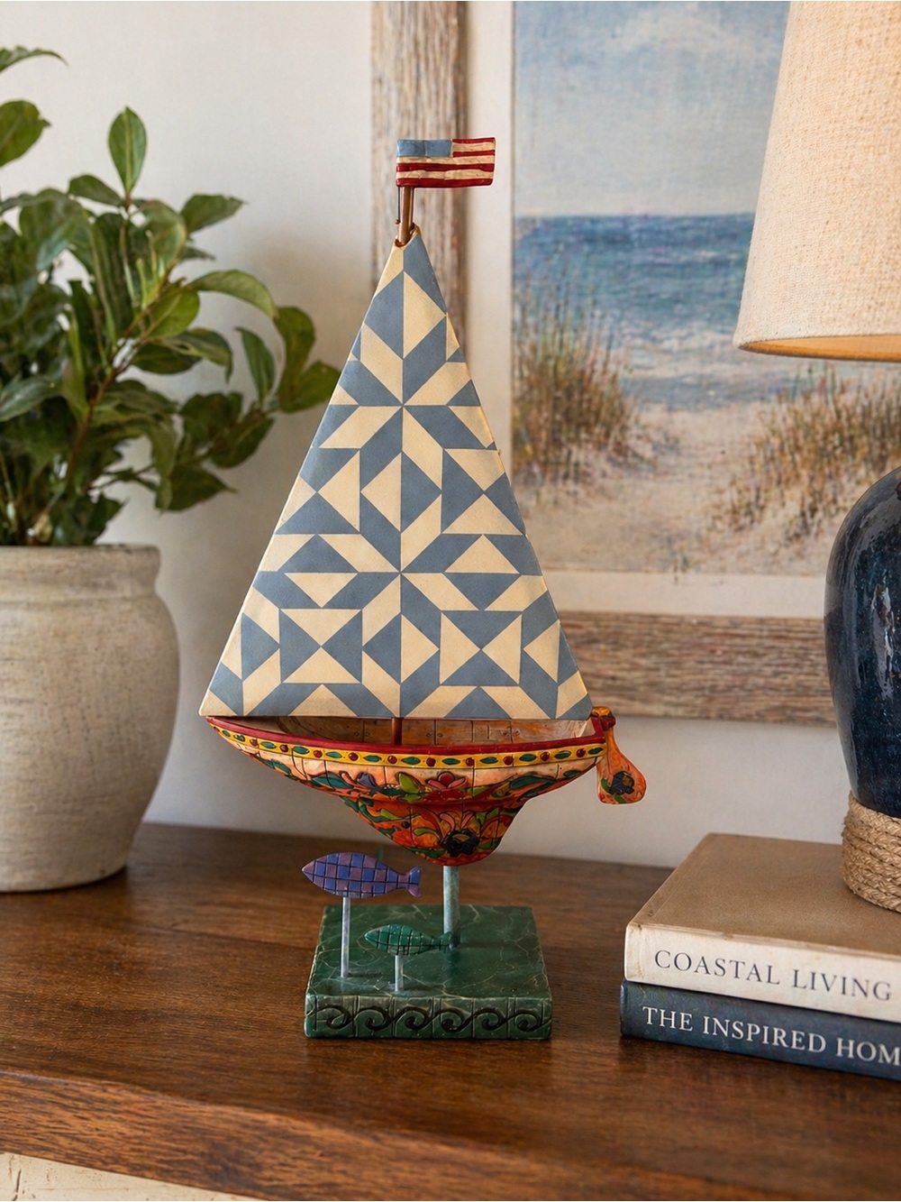 2004 Jim Shore Shorelights “Cutting Waves” Seaside Blue Boat Retired NEW In Box